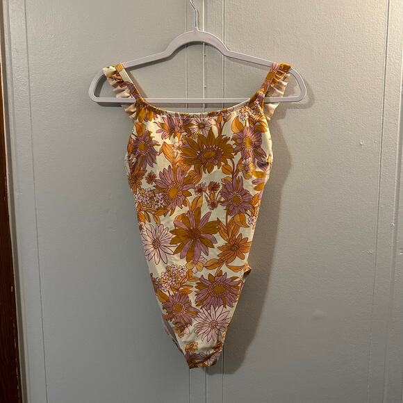 Kona Sol Women's Orangey Floral Tie Back Strappy One-Piece Swimsuit‎ Size Small - Picture 1 of 7